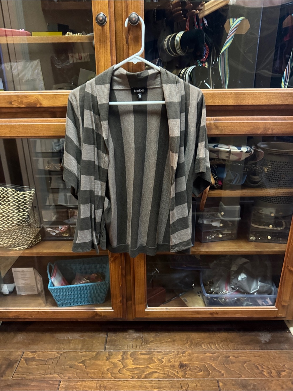 bebe Vertical Stripe Open-Front Cardigan — dark brown and beige